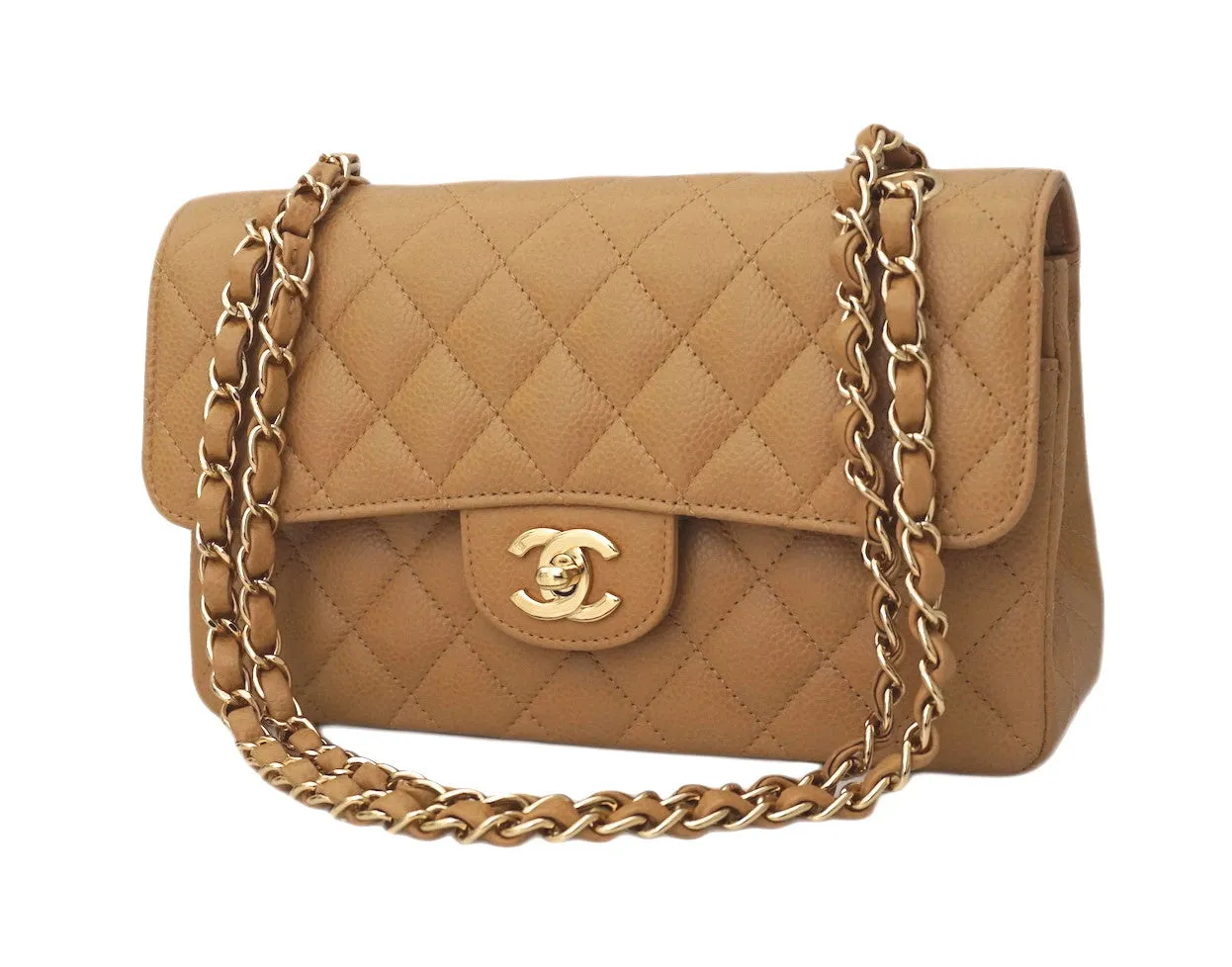 Authentic Chanel Tan Caviar 2.55 9” Double Flapover