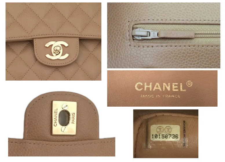 Authentic Chanel Tan Caviar 2.55 9” Double Flapover