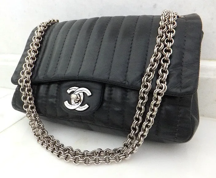 Authentic Chanel Vertical 10” 2.55 Silver Modern Chain Flap