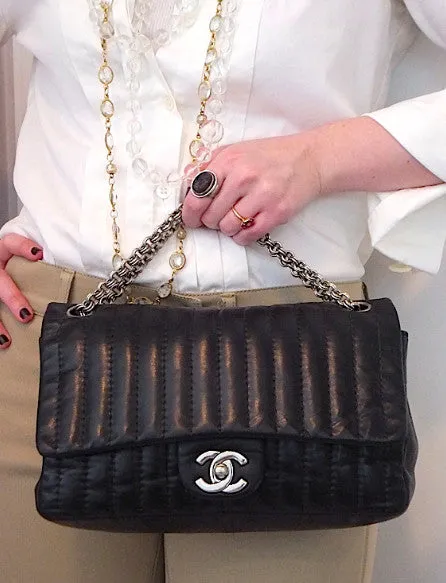 Authentic Chanel Vertical 10” 2.55 Silver Modern Chain Flap