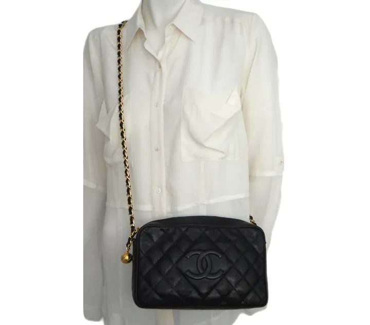 Authentic Chanel Vintage Black Caviar Quilted Camera Style Handbag