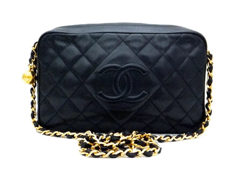 Authentic Chanel Vintage Black Caviar Quilted Camera Style Handbag
