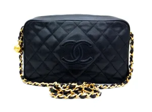 Authentic Chanel Vintage Black Caviar Quilted Camera Style Handbag
