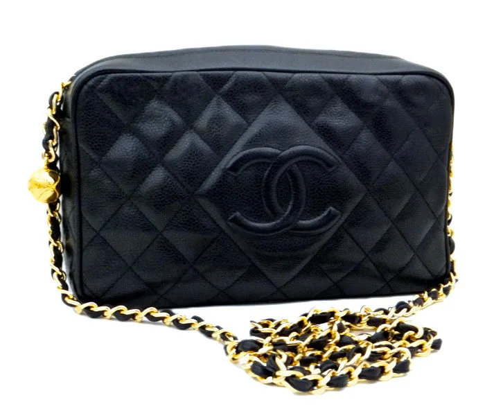 Authentic Chanel Vintage Black Caviar Quilted Camera Style Handbag