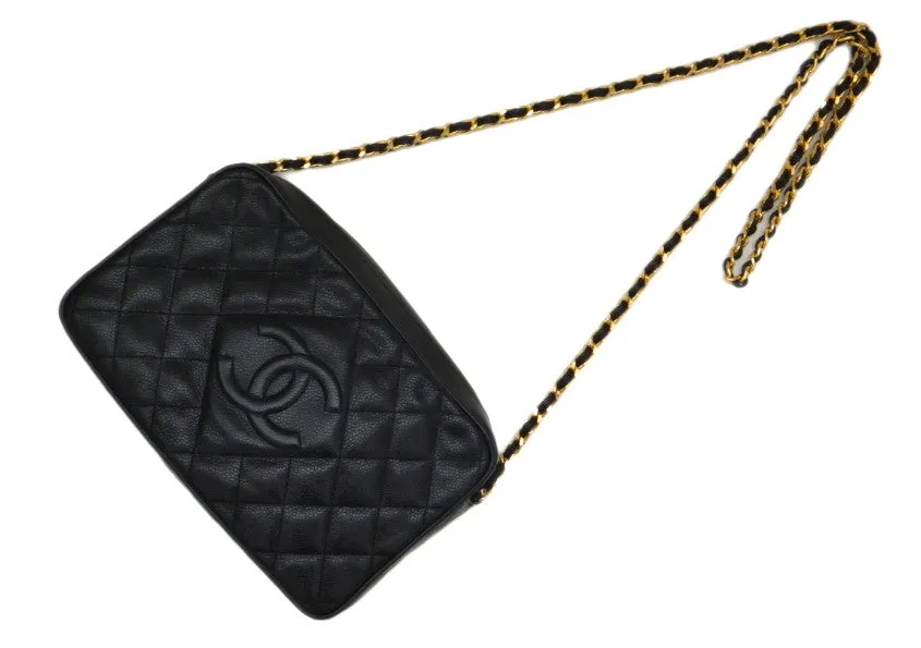 Authentic Chanel Vintage Black Caviar Quilted Camera Style Handbag