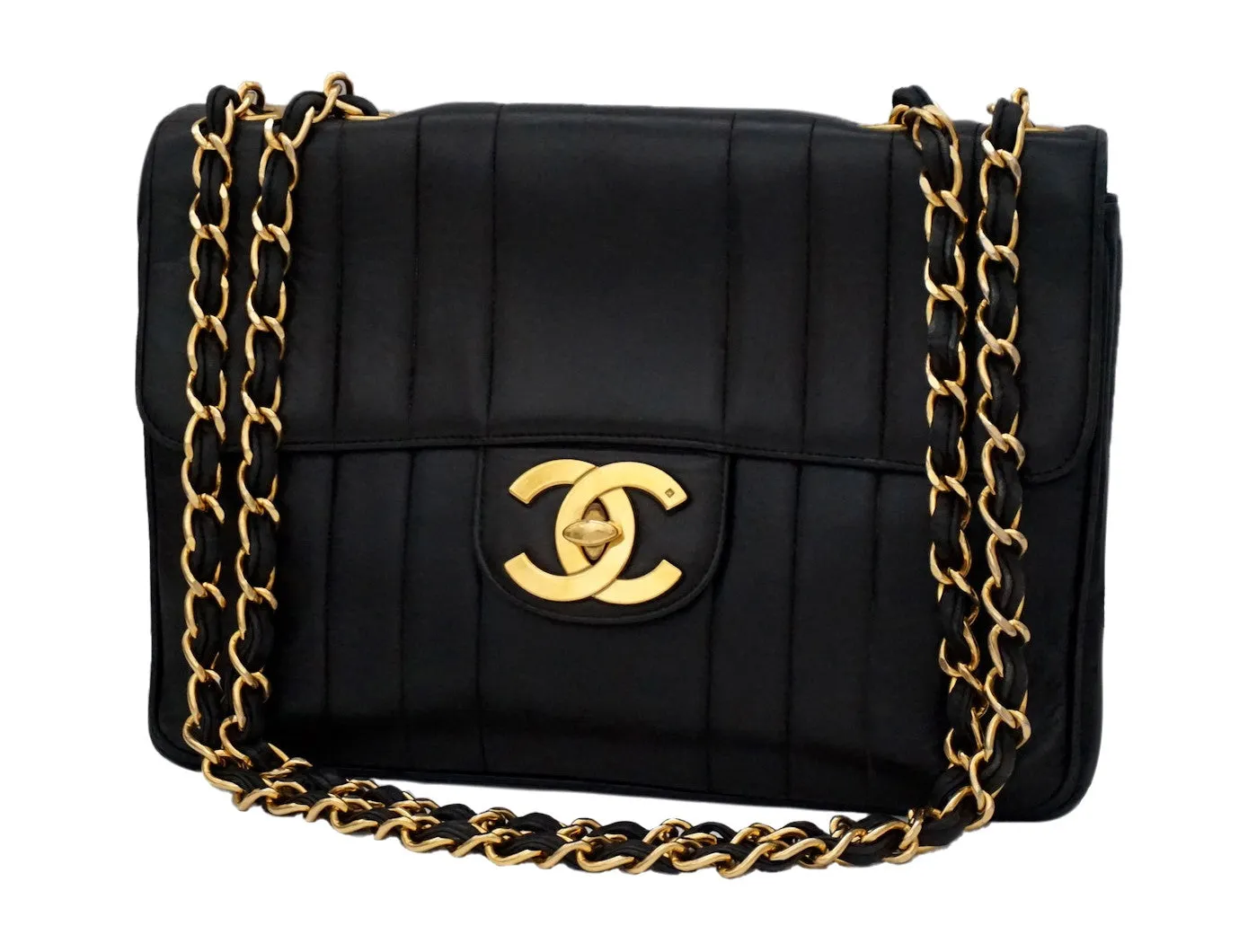 Authentic Chanel Vintage Black Lambskin Vertical Quilted Jumbo