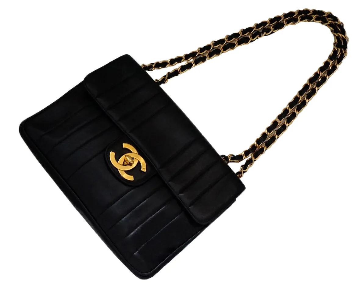 Authentic Chanel Vintage Black Lambskin Vertical Quilted Jumbo