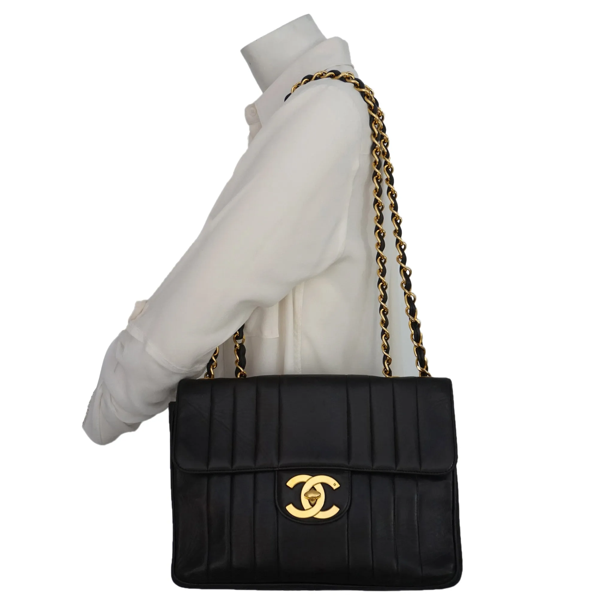 Authentic Chanel Vintage Black Lambskin Vertical Quilted Jumbo