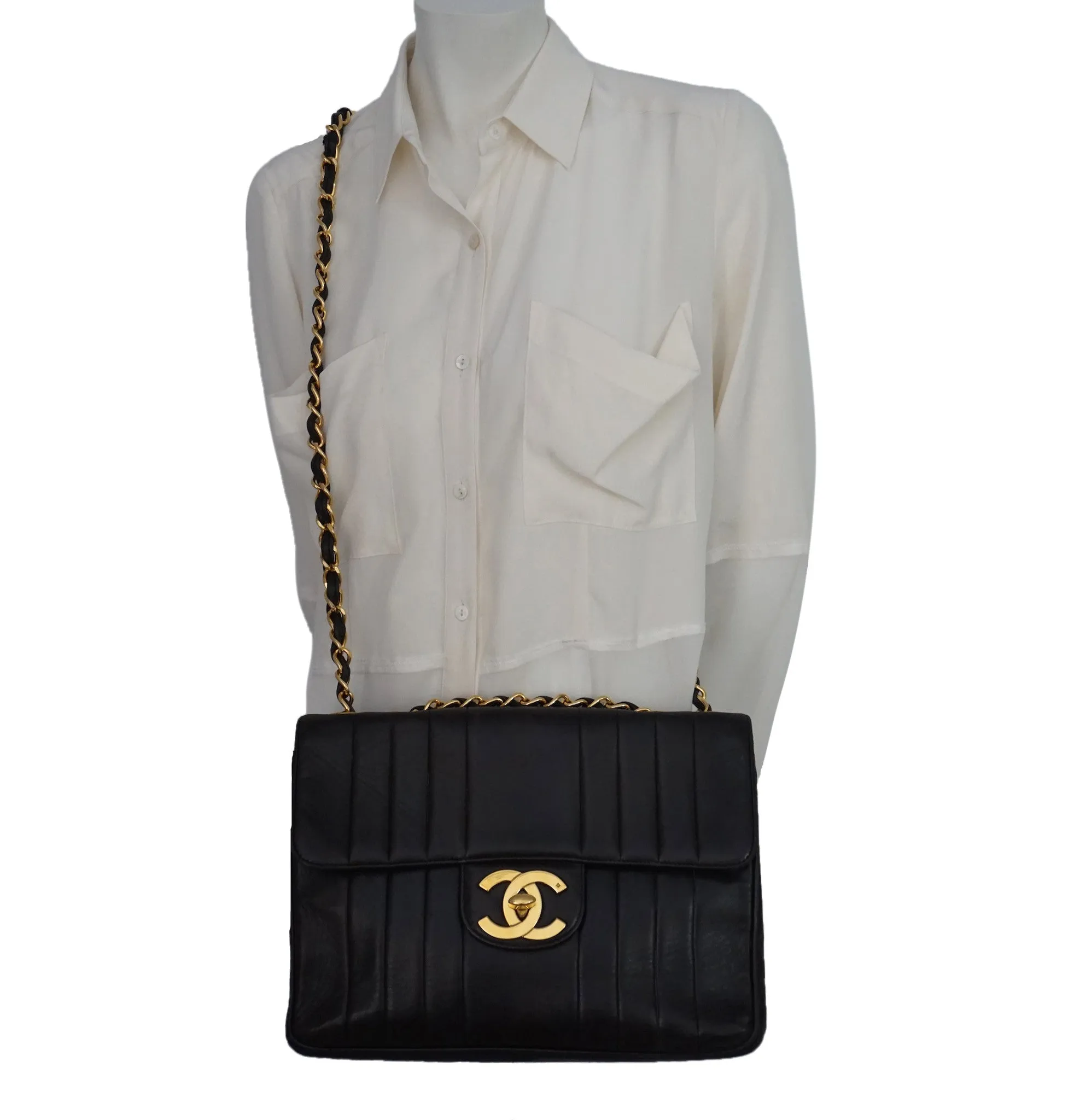 Authentic Chanel Vintage Black Lambskin Vertical Quilted Jumbo