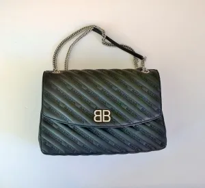 Balenciaga BB Lock Round Large Black Leather Embroidery Medium Bag