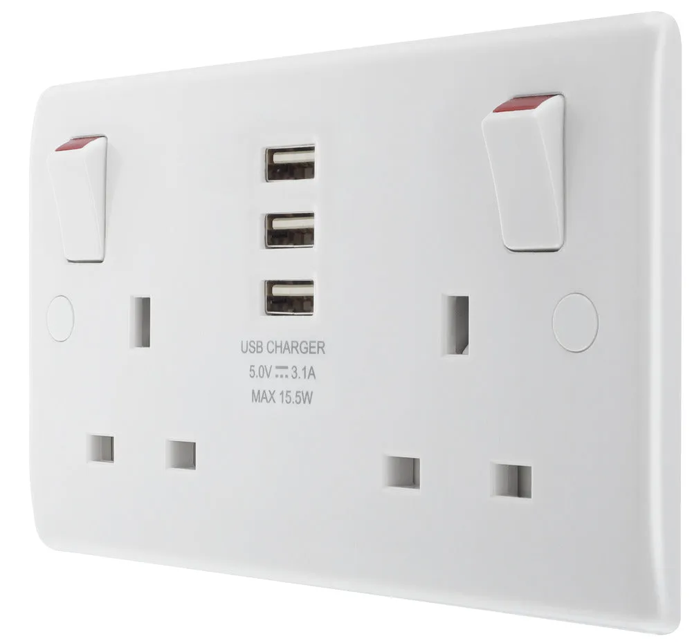 BG 822U33 White Round Edge 13A Double Socket   3x USB