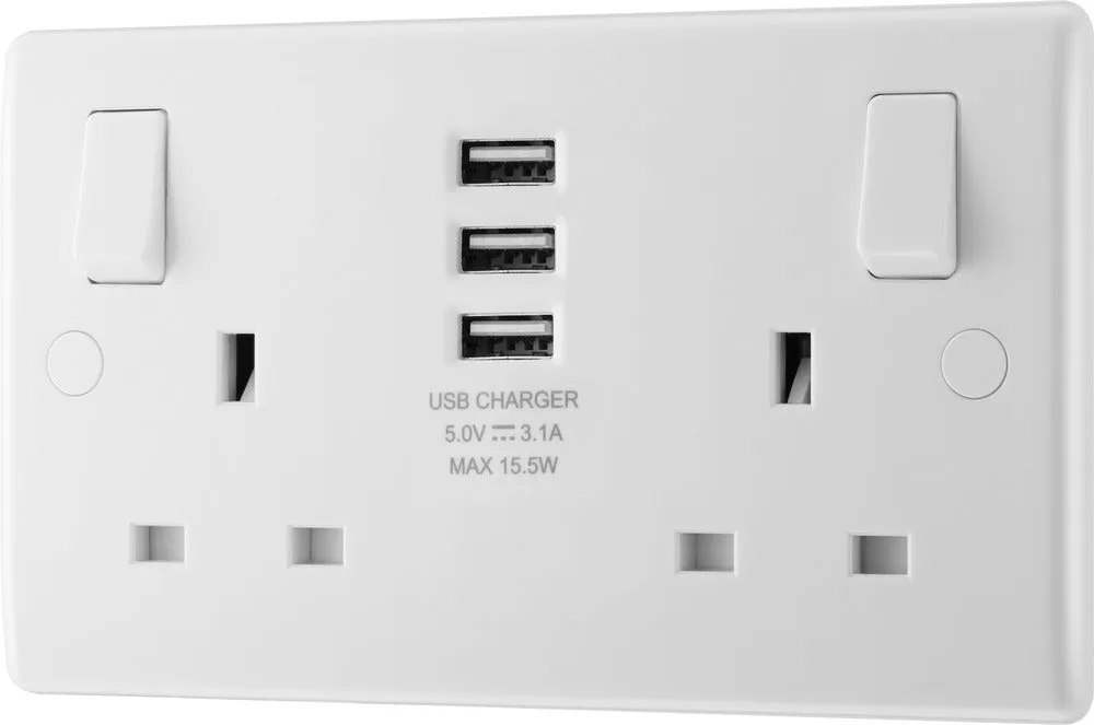 BG 822U33 White Round Edge 13A Double Socket   3x USB