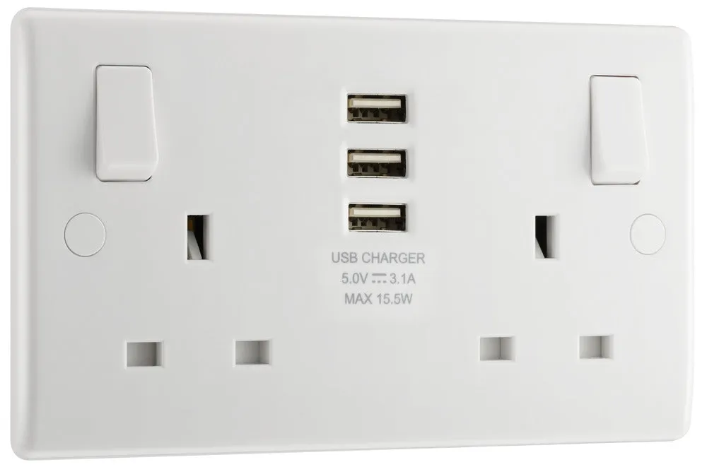 BG 822U33 White Round Edge 13A Double Socket   3x USB