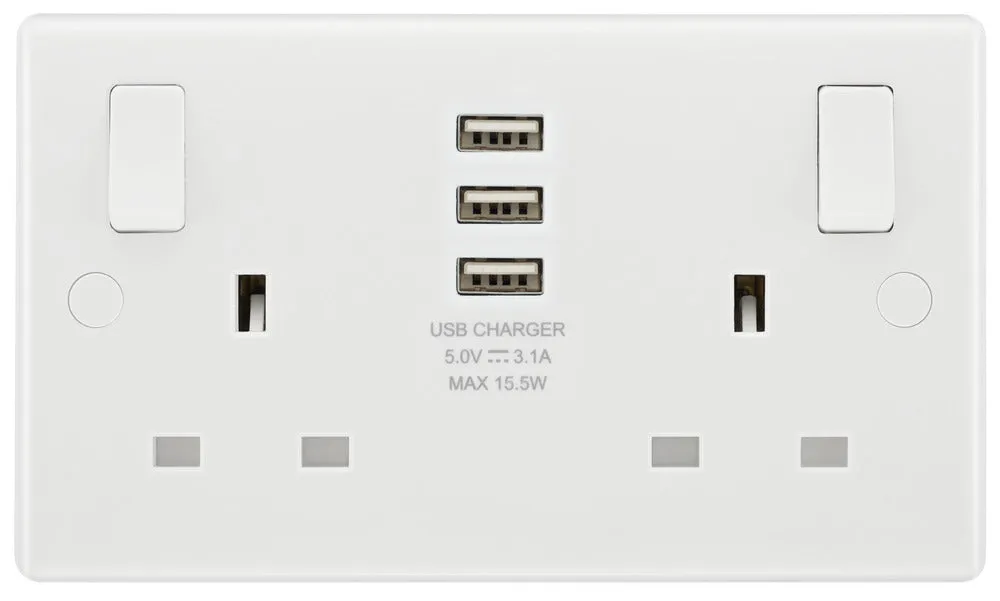 BG 822U33 White Round Edge 13A Double Socket   3x USB