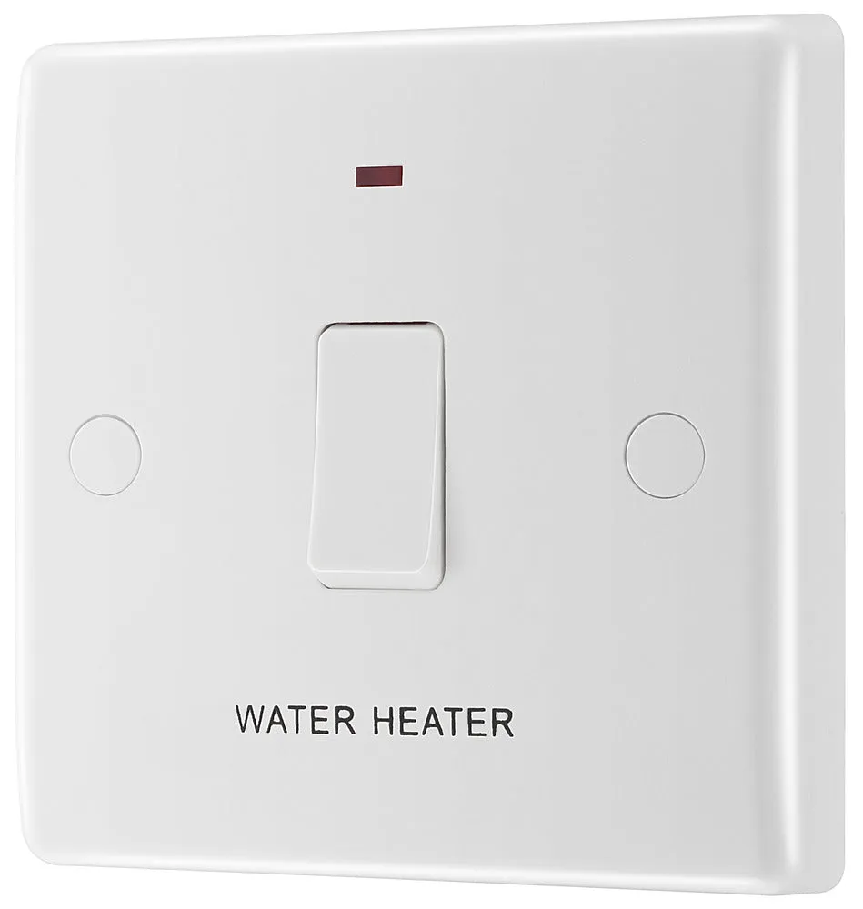 BG 833WH White Round Edge 20A DP Switch marked Water Heater   Neon   Cable Outlet