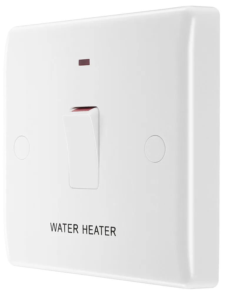 BG 833WH White Round Edge 20A DP Switch marked Water Heater   Neon   Cable Outlet