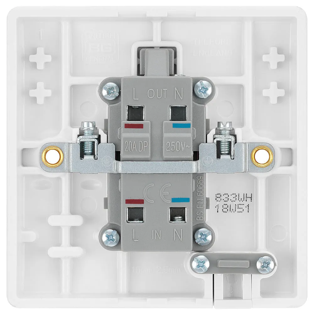 BG 833WH White Round Edge 20A DP Switch marked Water Heater   Neon   Cable Outlet
