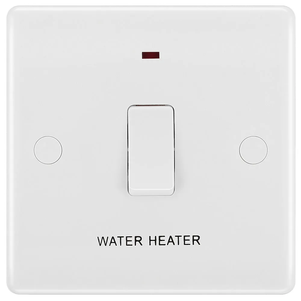 BG 833WH White Round Edge 20A DP Switch marked Water Heater   Neon   Cable Outlet