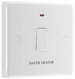 BG 833WH White Round Edge 20A DP Switch marked Water Heater   Neon   Cable Outlet