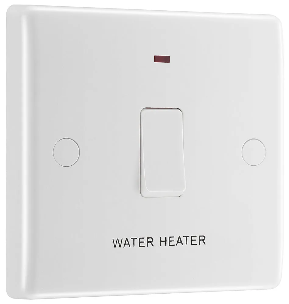 BG 833WH White Round Edge 20A DP Switch marked Water Heater   Neon   Cable Outlet