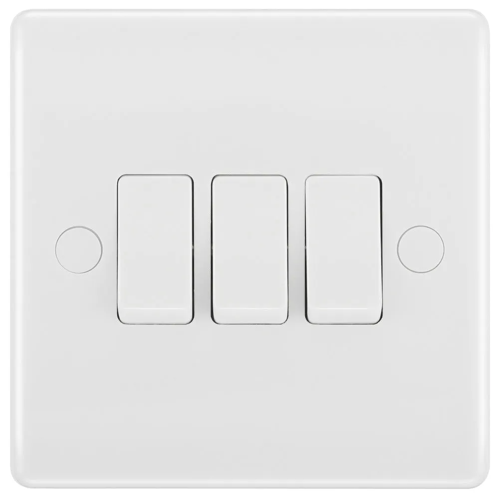 BG 843 White Round Edge Triple Light Switch 10A