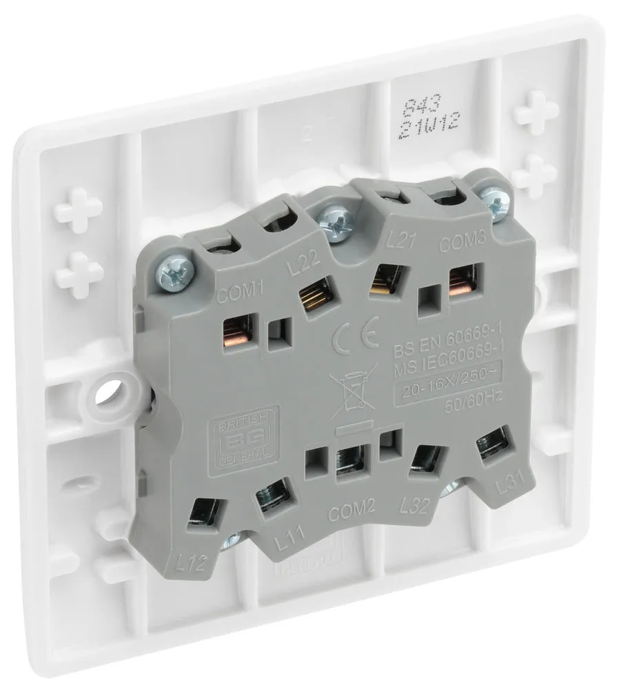 BG 843 White Round Edge Triple Light Switch 10A