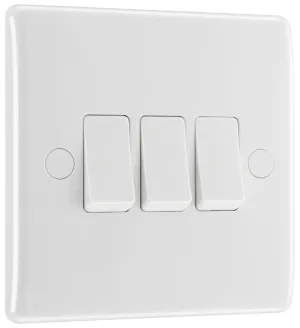 BG 843 White Round Edge Triple Light Switch 10A