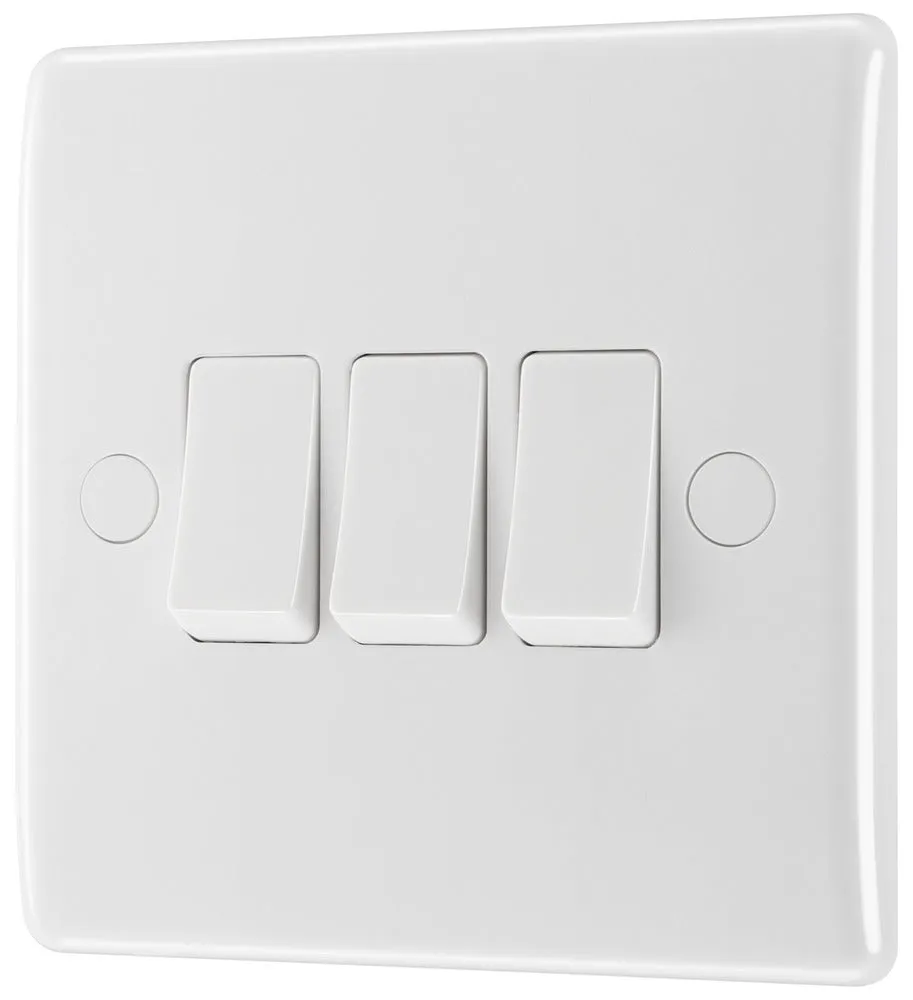 BG 843 White Round Edge Triple Light Switch 10A