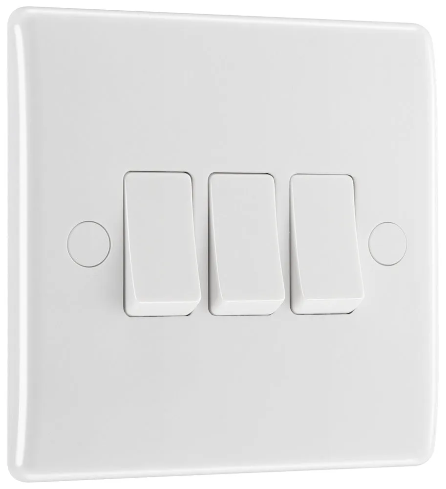 BG 843 White Round Edge Triple Light Switch 10A