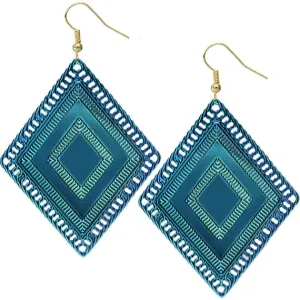 Blue Reflective Diamond-Shaped Drop Earrings