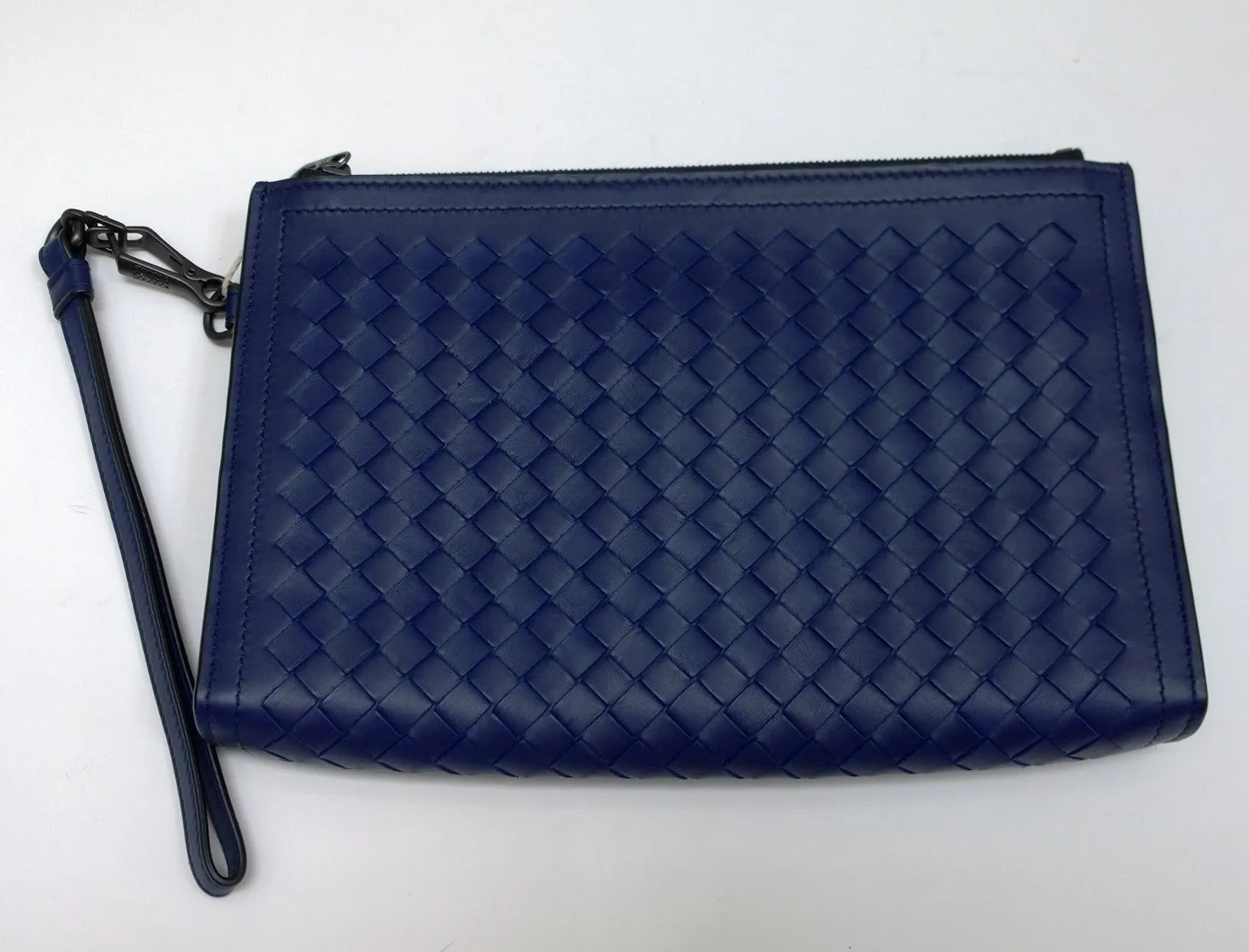 Bottega Veneta Intrecciato Clutch Bag Woven Leather Pouch Purse Blue