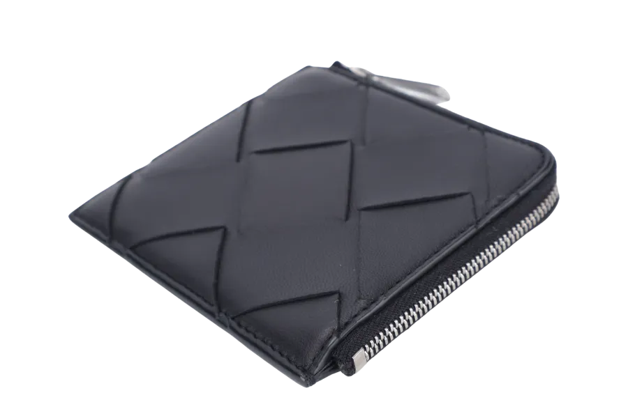 BOTTEGA VENETA MAXI INTRECCIATO BLACK L SHAPE ZIPPY WALLET WITH DUST COVER AND BOX