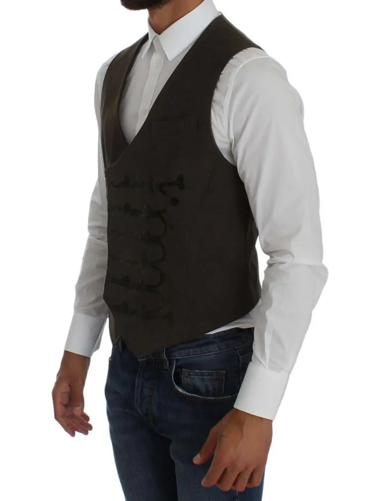 Brown Cotton Double Breasted Button Slim Fit Vest