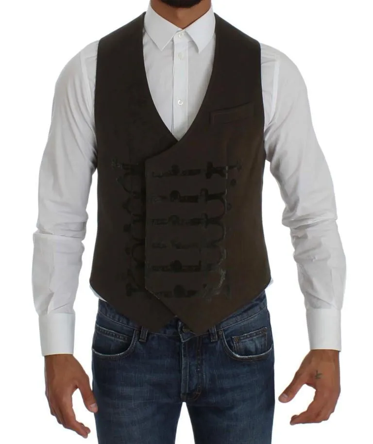 Brown Cotton Double Breasted Button Slim Fit Vest