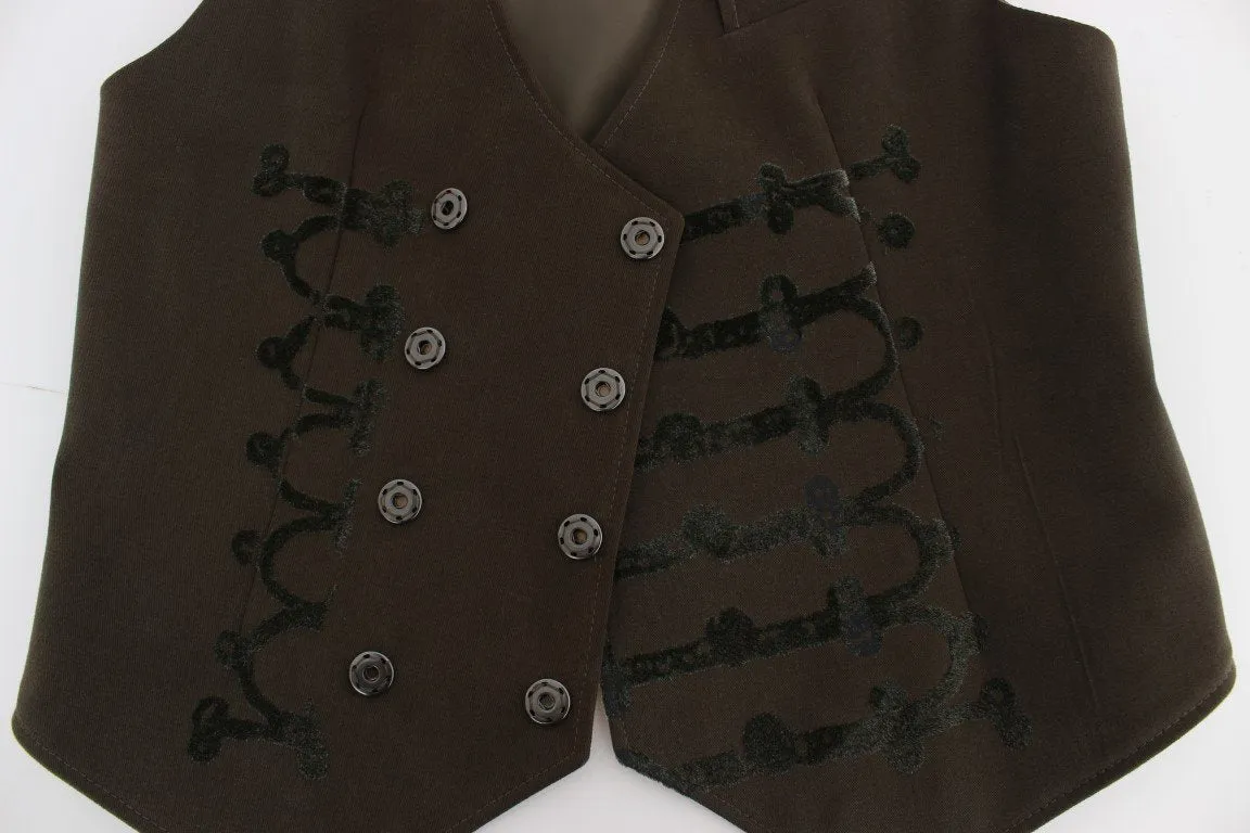 Brown Cotton Double Breasted Button Slim Fit Vest
