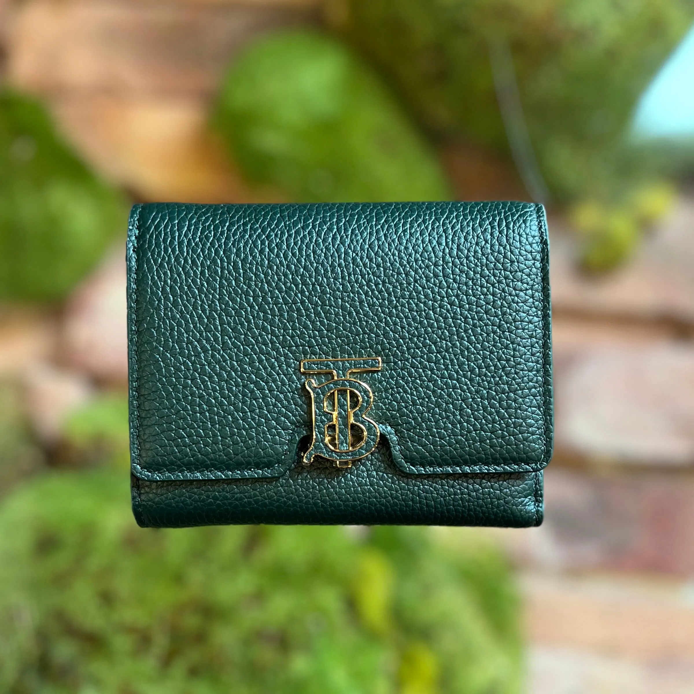 BURBERRY Lola TB Vine Green Grainy Calfskin Compact Wallet