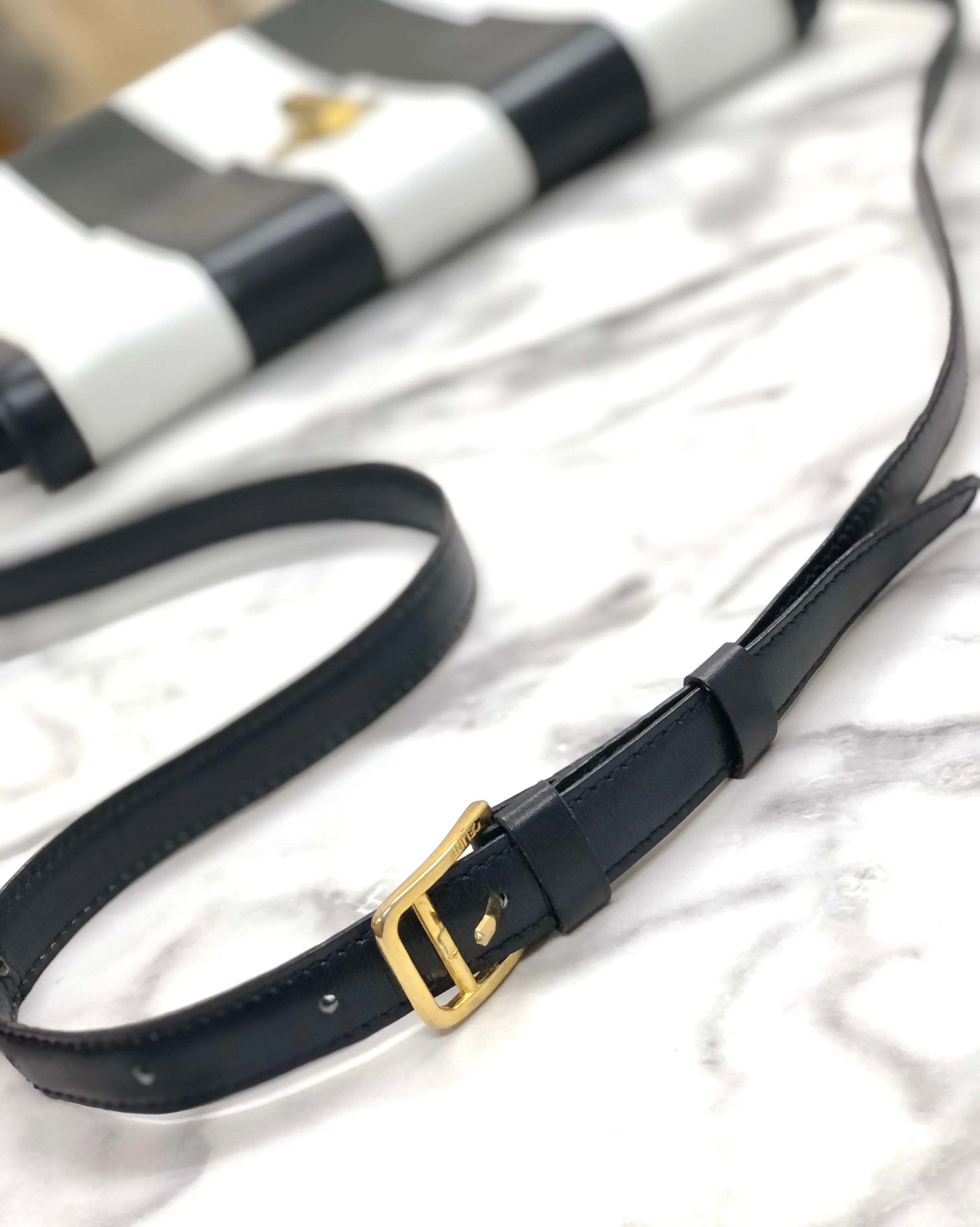 CELINE Cadena Turn lock Leather Crossbody Shoulder Bag Navy White Vintage Old CELINE vw6sjn