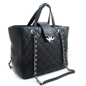 CHANEL 2 Way Chain Shoulder Bag Handbag Tote Black Caviar Quilted L64