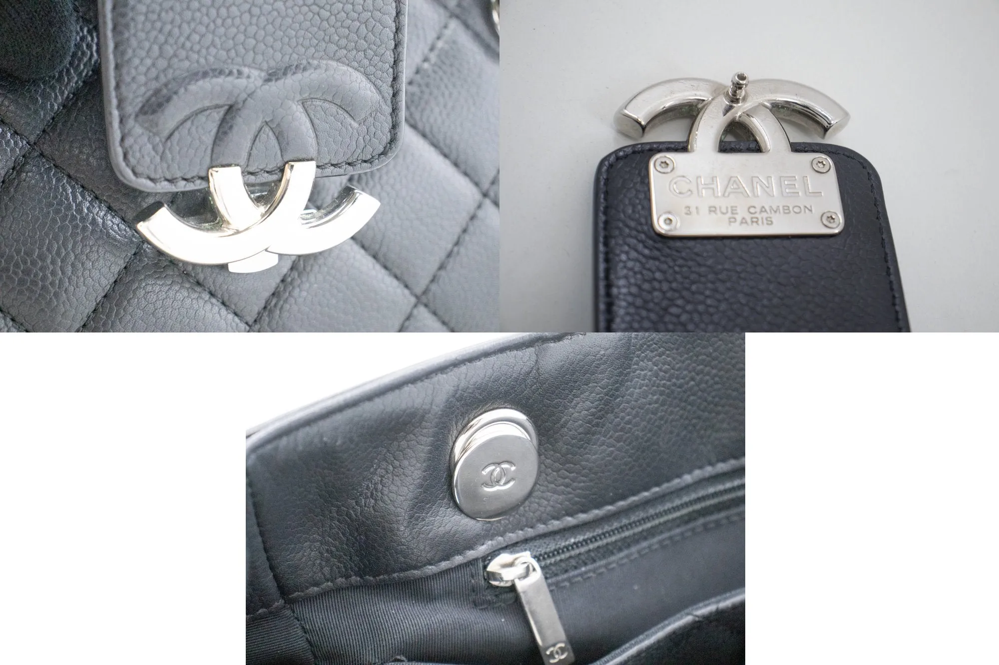 CHANEL 2 Way Chain Shoulder Bag Handbag Tote Black Caviar Quilted L64