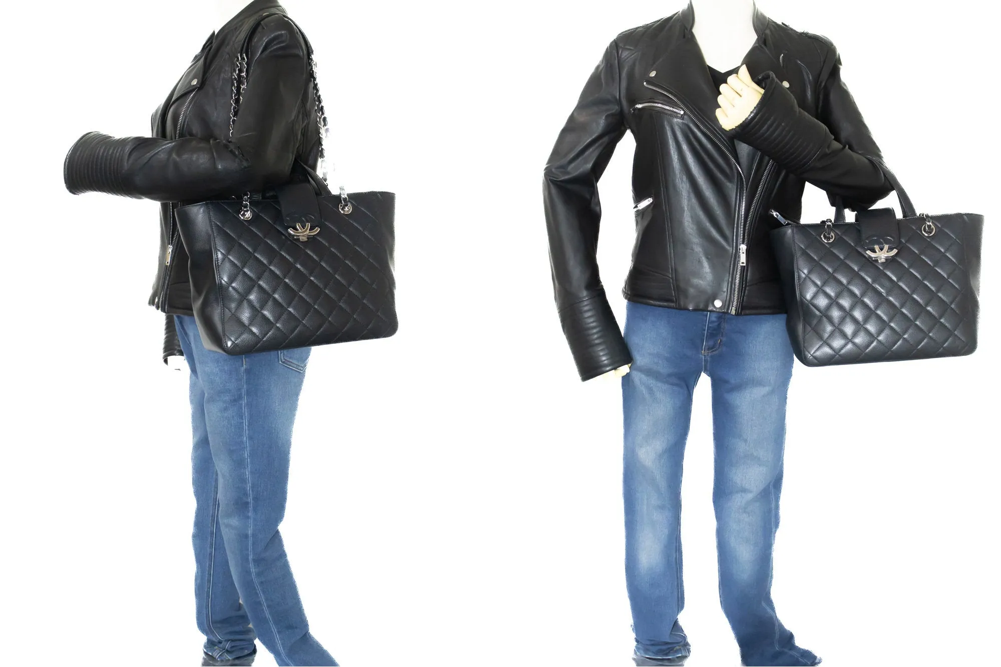 CHANEL 2 Way Chain Shoulder Bag Handbag Tote Black Caviar Quilted L64