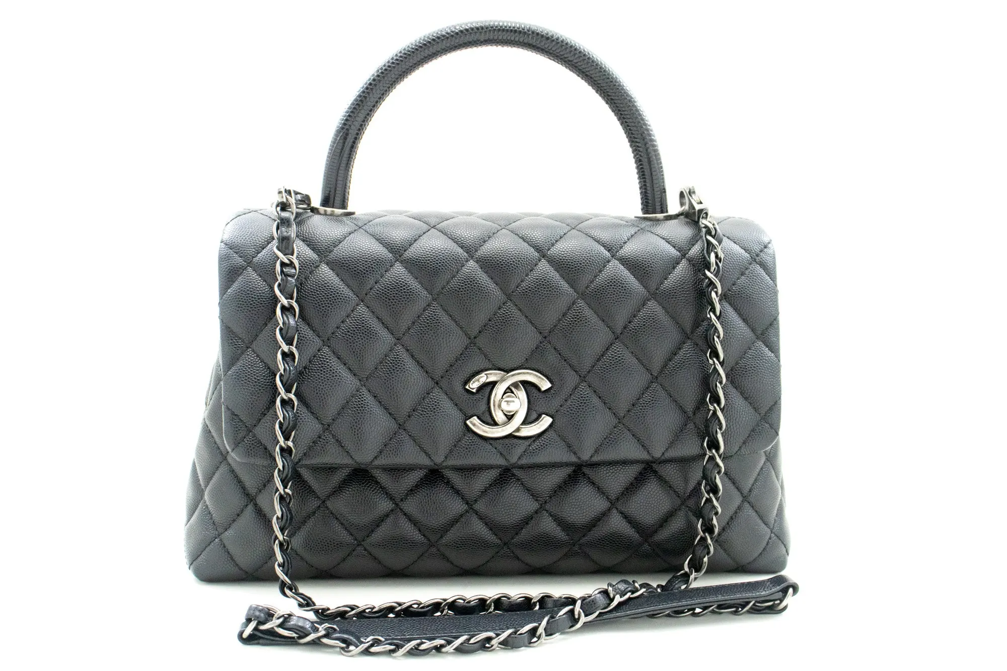 CHANEL 2 Way Top Handle Handbag Shoulder Bag Black Caviar Leather L52