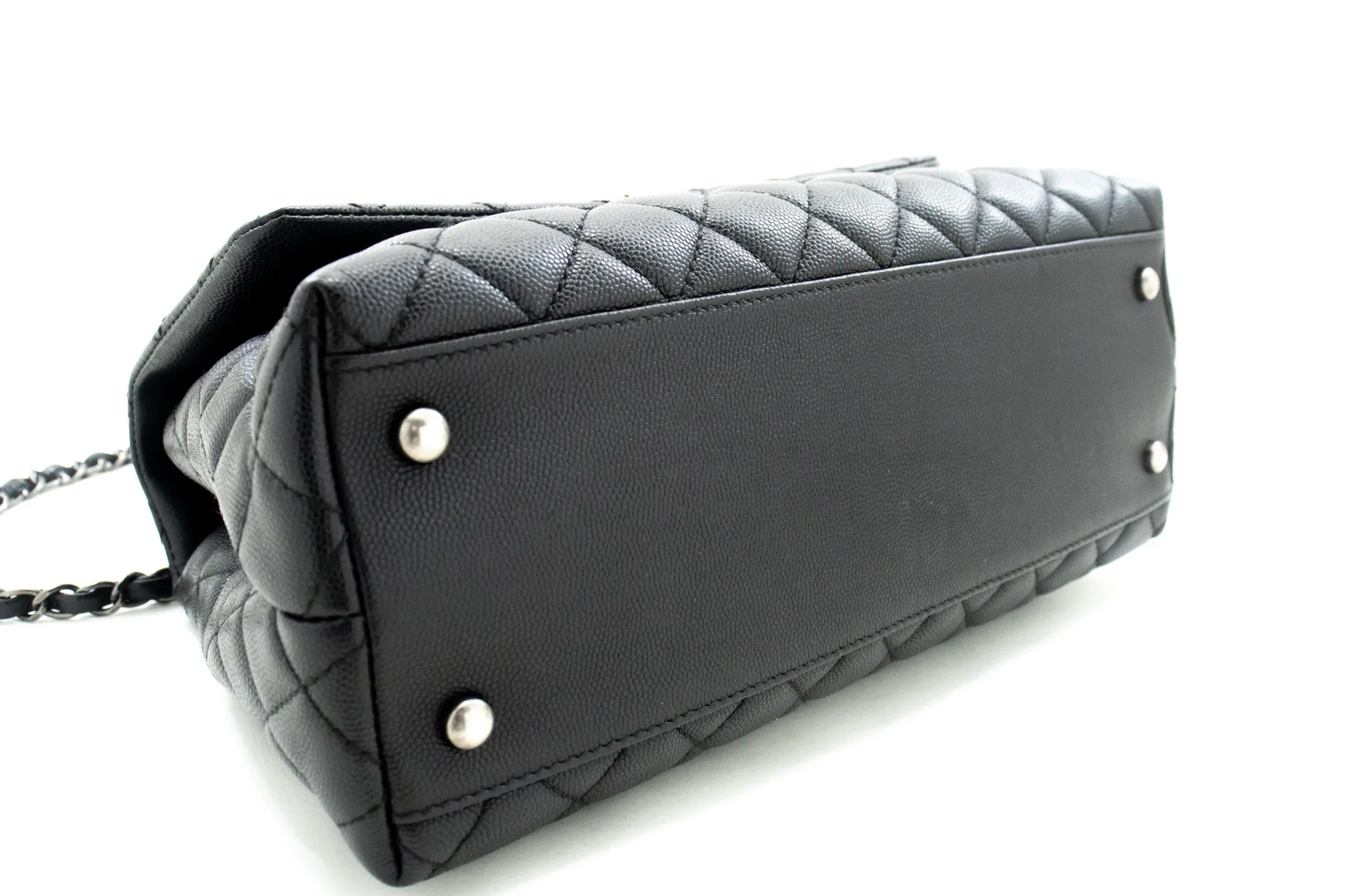 CHANEL 2 Way Top Handle Handbag Shoulder Bag Black Caviar Leather L52