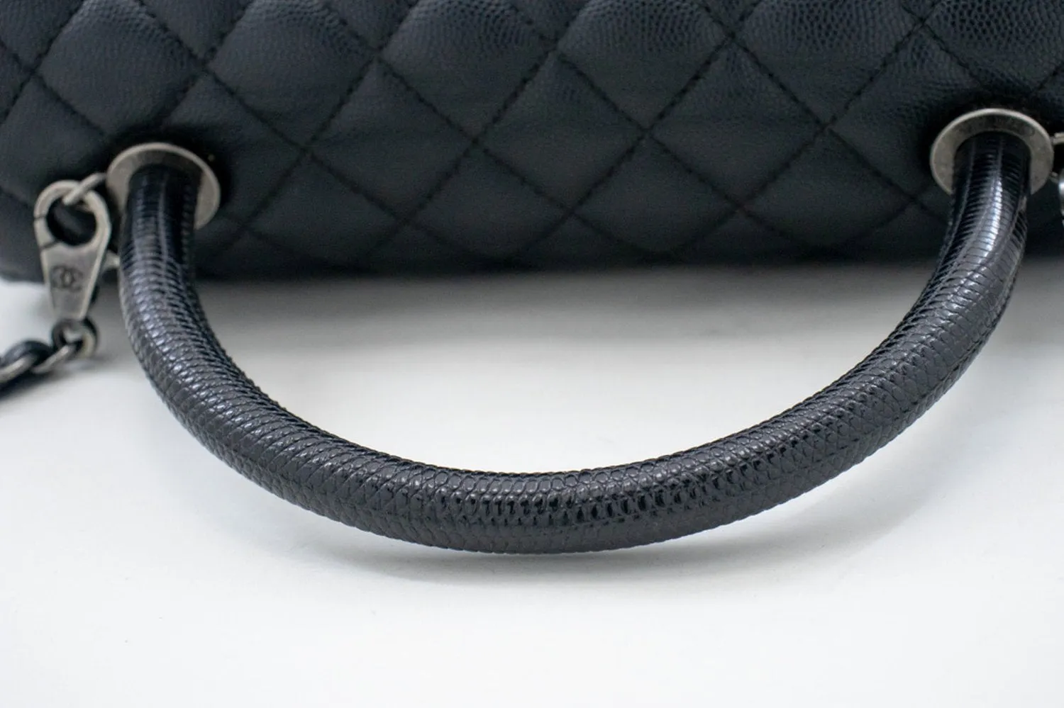 CHANEL 2 Way Top Handle Handbag Shoulder Bag Black Caviar Leather L52