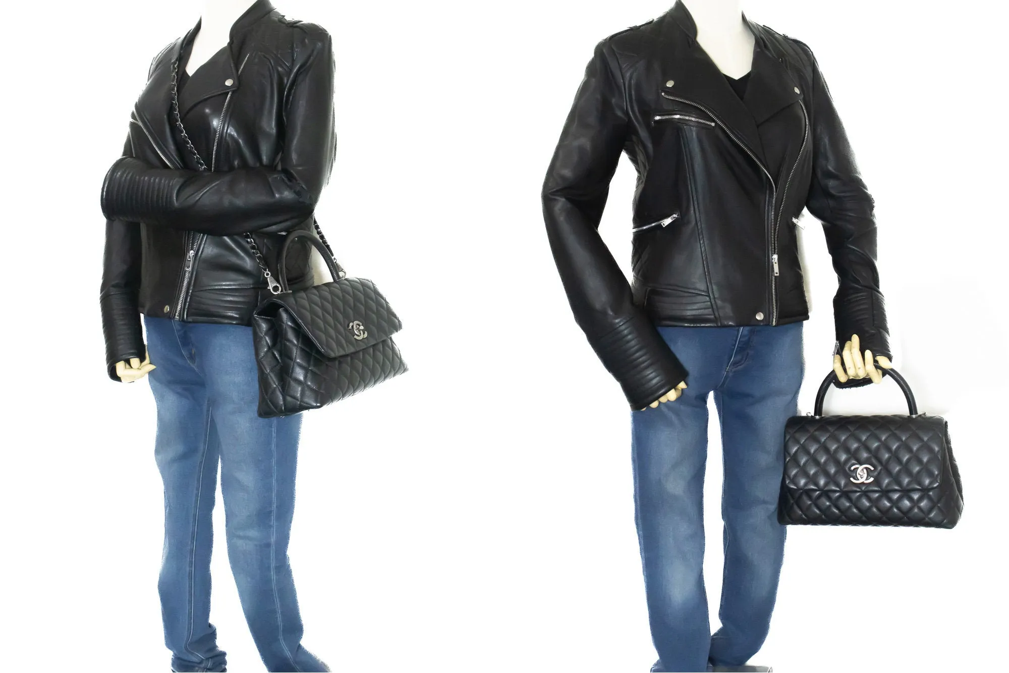 CHANEL 2 Way Top Handle Handbag Shoulder Bag Black Caviar Leather L52