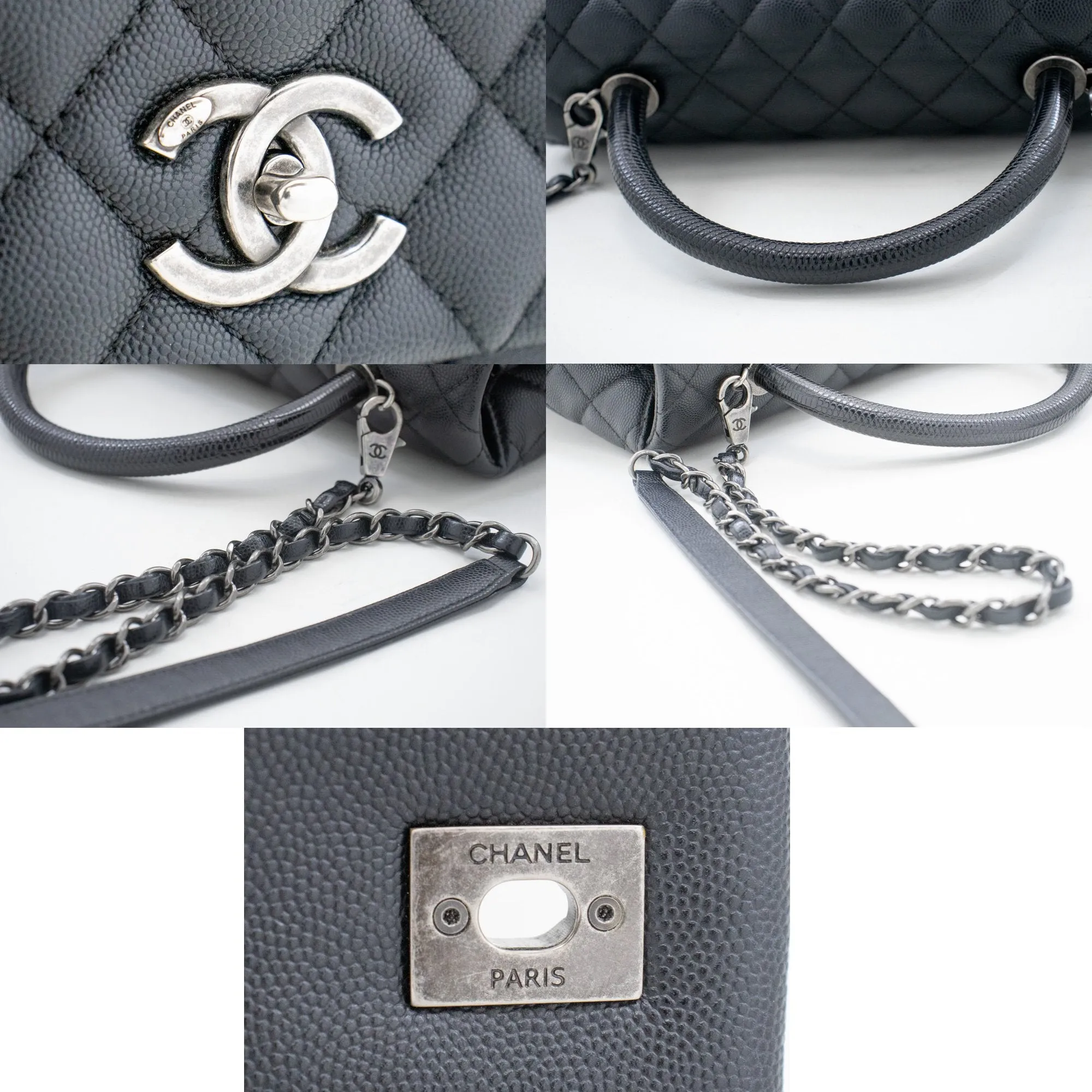 CHANEL 2 Way Top Handle Handbag Shoulder Bag Black Caviar Leather L52