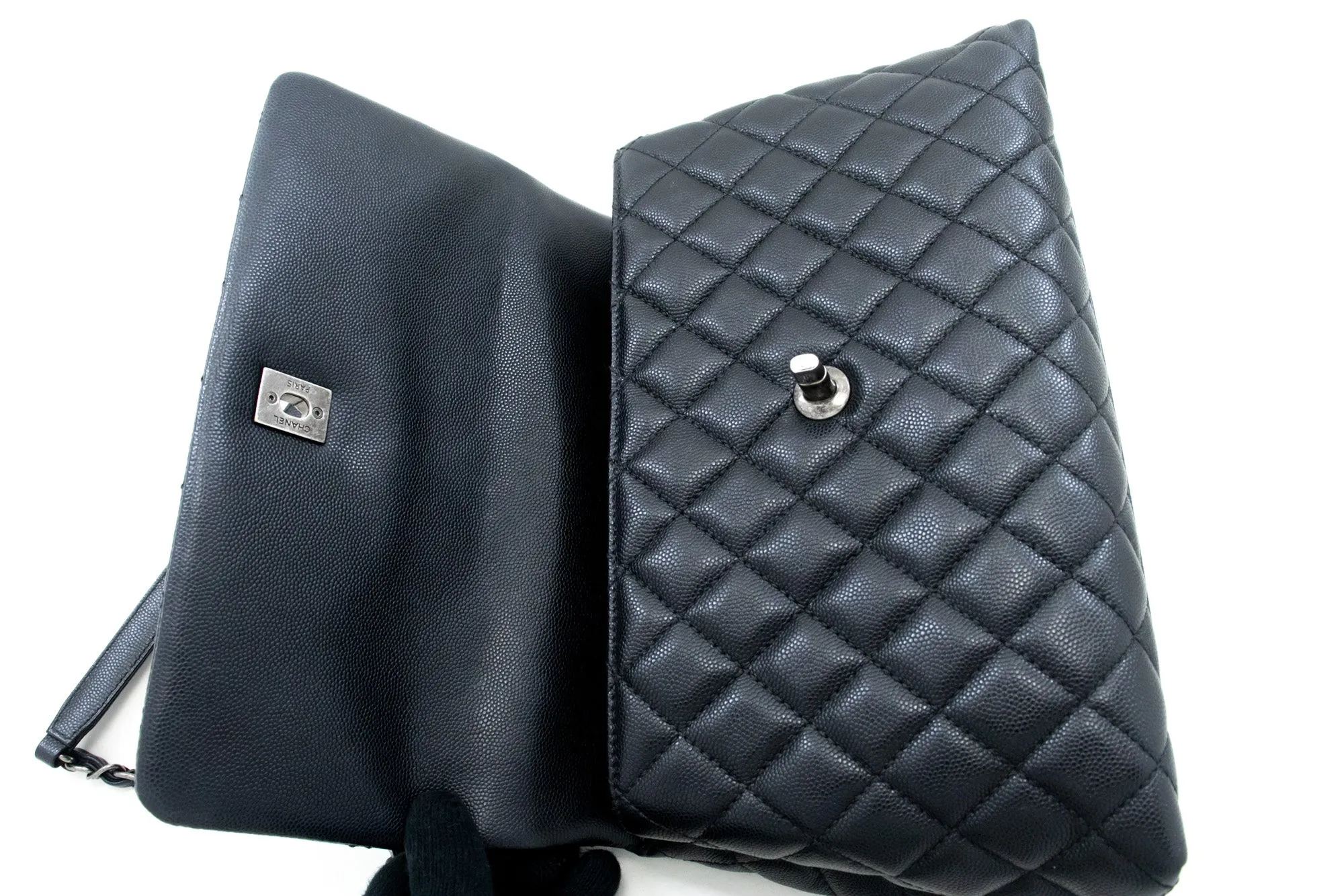 CHANEL 2 Way Top Handle Handbag Shoulder Bag Black Caviar Leather L52