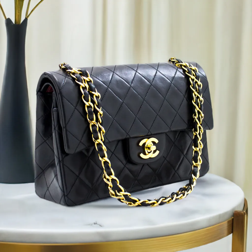CHANEL 2.55 Double Flap Small Chain Shoulder Bag Black Lambskin h21