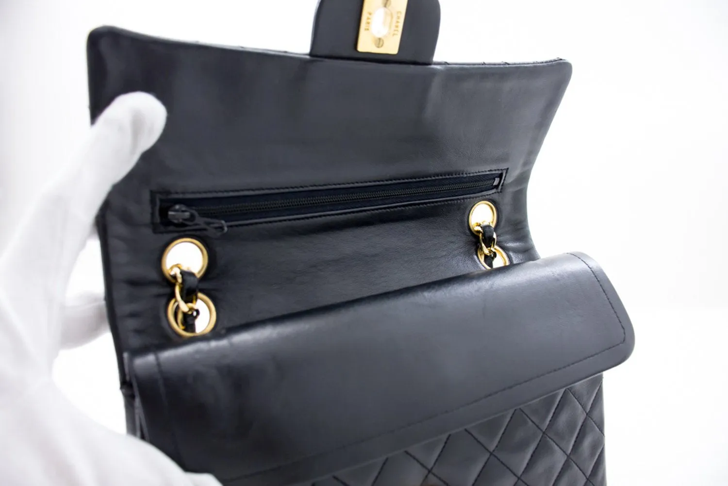 CHANEL 2.55 Double Flap Small Chain Shoulder Bag Black Lambskin h21