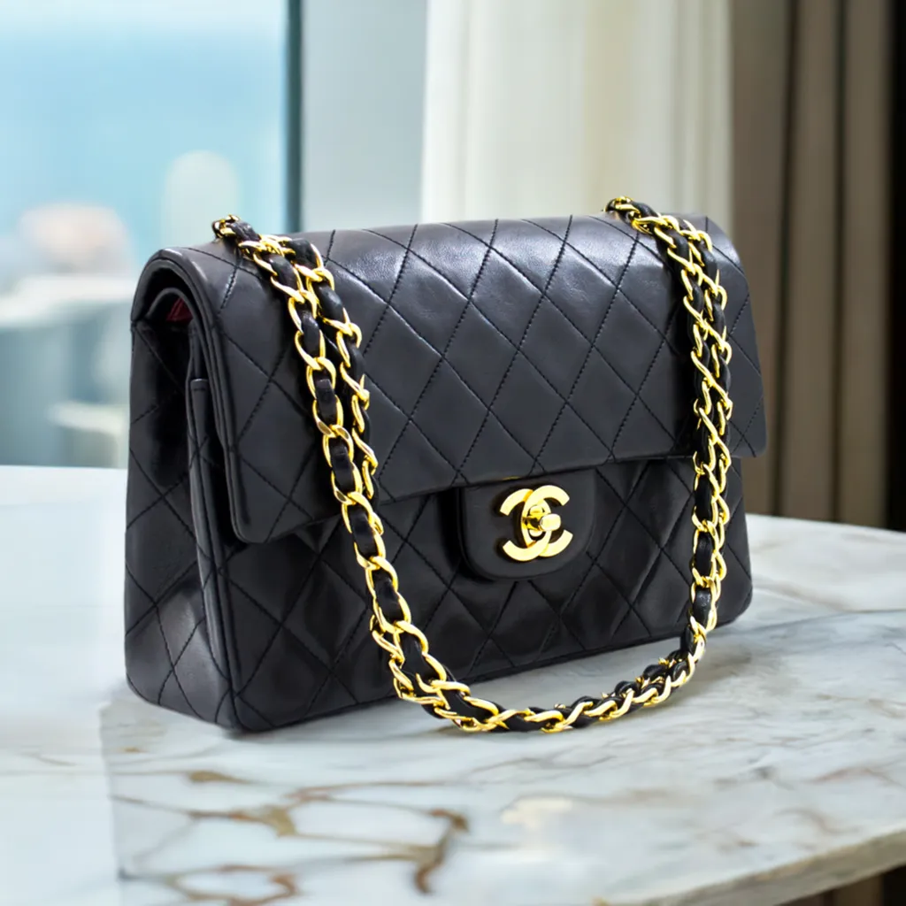 CHANEL 2.55 Double Flap Small Chain Shoulder Bag Black Lambskin h21