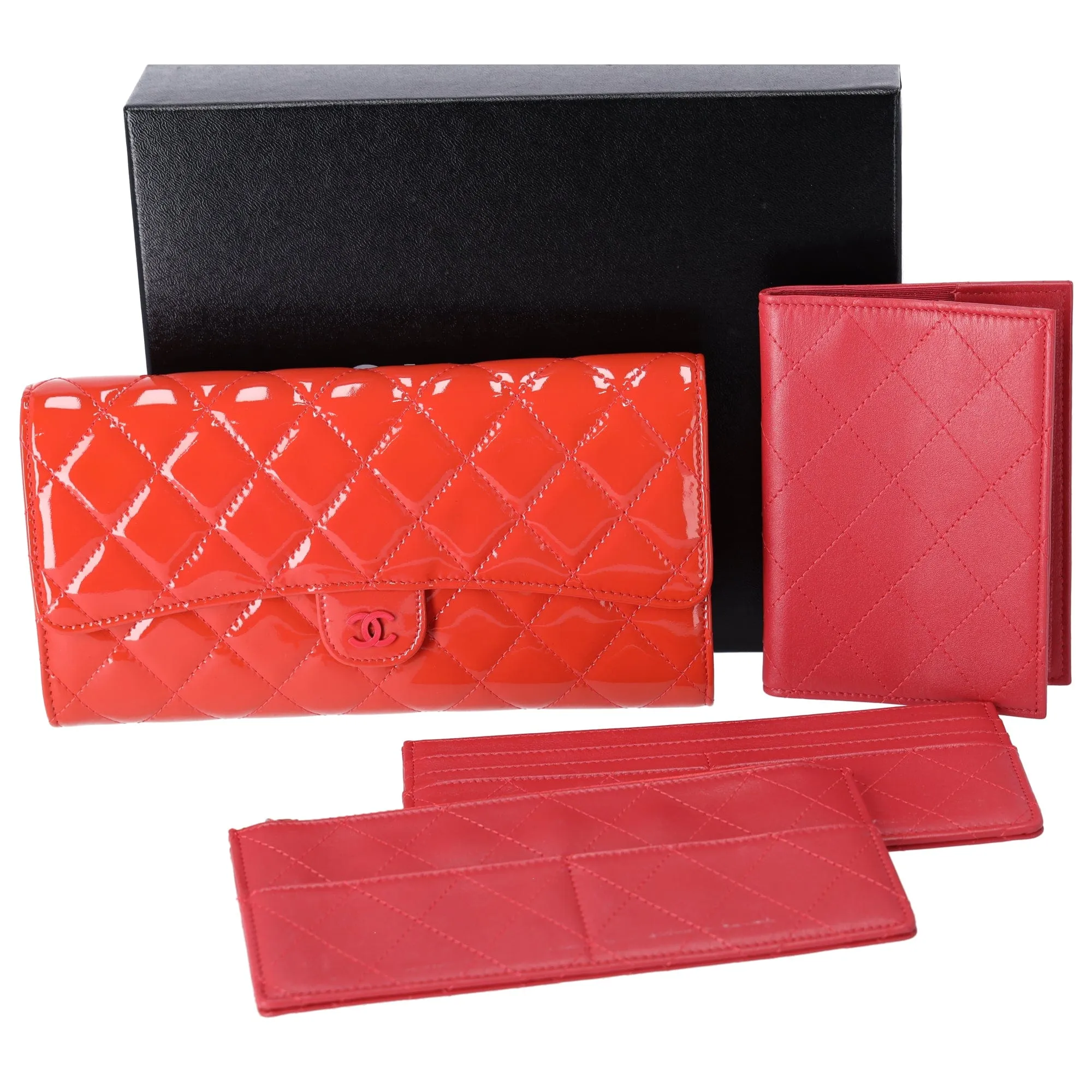 CHANEL 4 in 1 Wallet Orange Patent Leather Passport Holder Coin Card Pouch